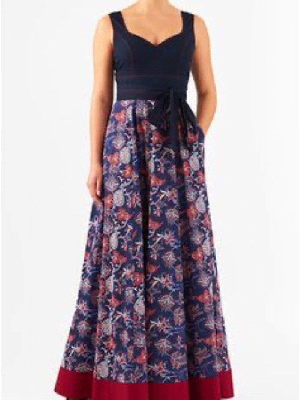 eshakti Navy Floral Tie-Waist Maxi Dress with Red Hem - Picture 7 of 7